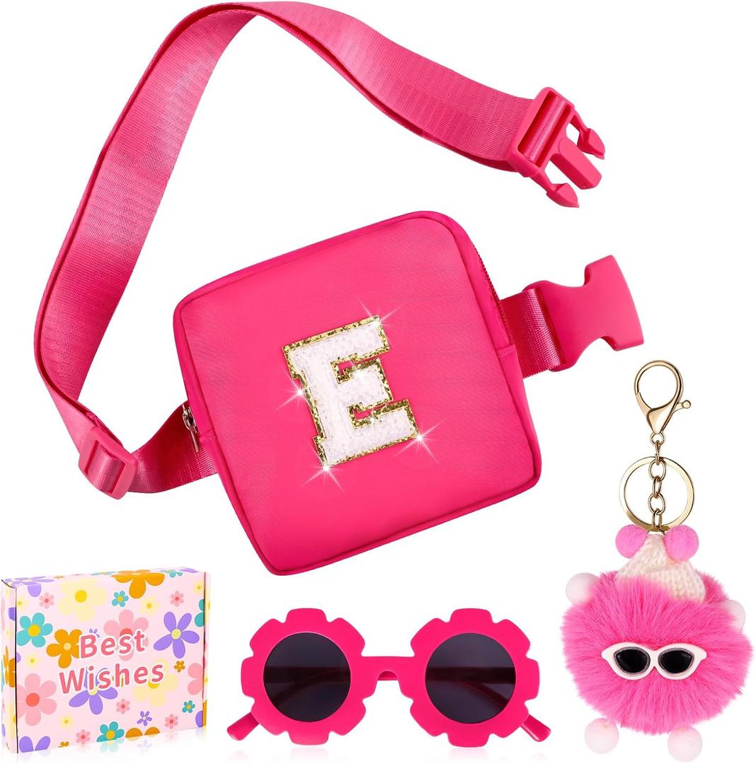 WINOWIMO Personalized Mini Fanny Pack for Kids with Sunglasses & Cute Keychain, Small Initial Belt Crossbody Bag Purse for Teen Girls, Birthday Gifts for 3 4 5 6 7 8 9 10 Years Old Kid (E, Rose Pink)