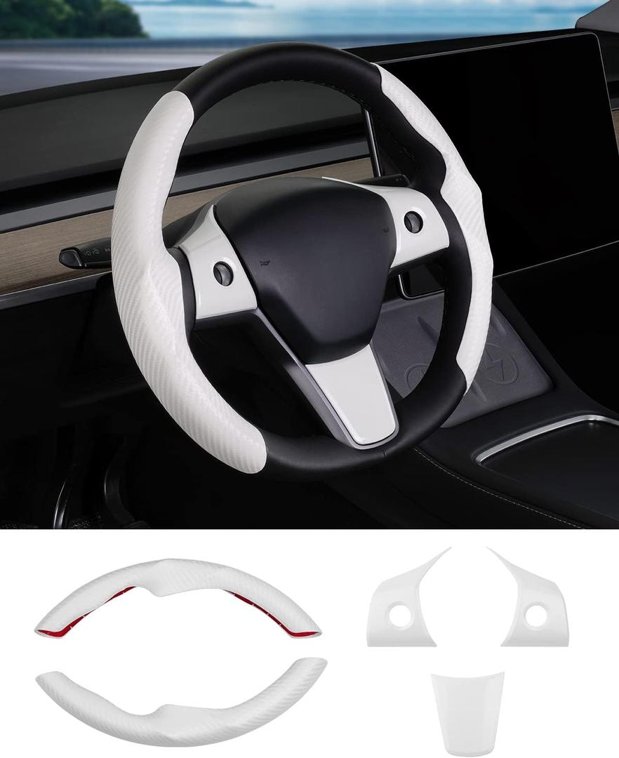 Steering Wheel Cover for Telsa Model 3/Model Y Accessories Carbon Fiber Steering Wheel Cover Protector Anti-Slip, Comfortable Grip, Breathable, White 5PCS(NOT for Highland and Juniper)