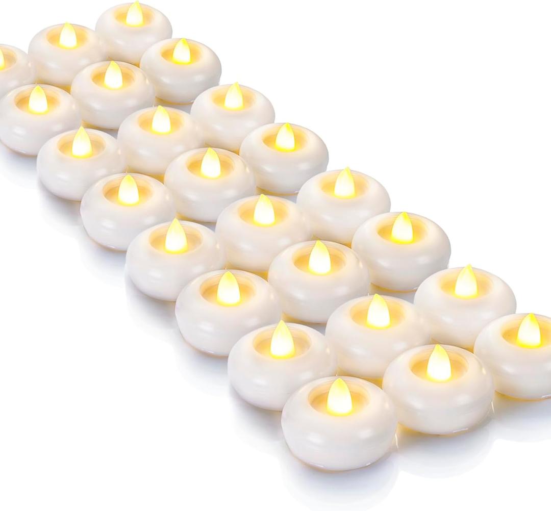 Homemory 24Pack 2 Flameless Led Floating Candles, 200 Hour Plastic Battery Operated Flickering Waterproof Tealights for Cylinder Vases, Centerpieces at Wedding, Party, Pool, Holiday (White Base)