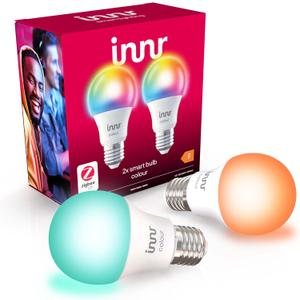 Innr Smart LED Bulb, E27, Zigbee, White and Color, Works with Hue*, Amazon Echo (4th Gen.), Voice Control with Alexa, Hey Google (Bridge Required), RGBW, White 1800K-6500K, Dimmable, 2-Pack [Energy Class F]