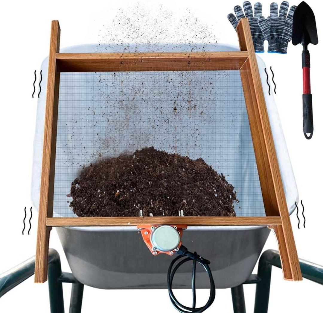 Ultra-Efficient Soil Sifter with Vibration Motor, Large Capacity Stainless Steel Screen for Sand, Rocks, and Compost, Fits Most Size Garden Yard Wheelbarrow Carts, Dark red 29.5"" x21.5