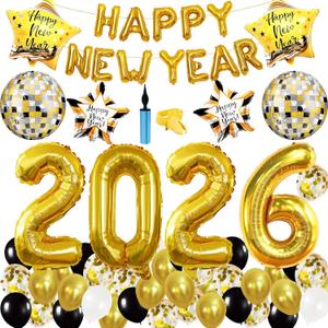 New Years Eve Party Supplies 2026 Kit, 40 inch Gold 2026 Foil Balloon Numbers, Happy New Year Balloon Letters, Star Foil Balloons for NYE Decorations, New Years Party Dcor with Pump Balloon Knotter