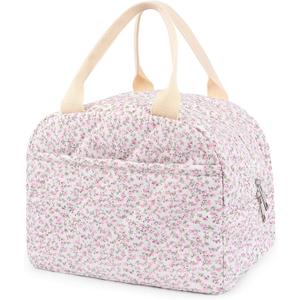 Cotton Quilted Insulated Lunch Bag, Cute Quilted Floral Lunch Tote Bags Reusable Insulated Lunch Box Coquette Aesthetic Large Capacity Insulated Cooler for Women Work Travel Picnic (Pink)