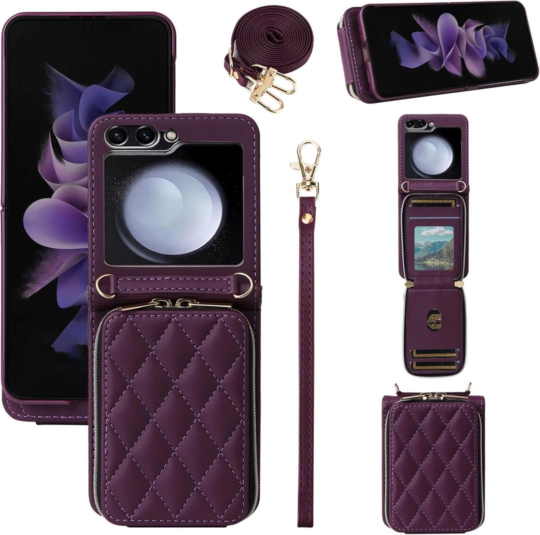 Argyle Wallet Case for Samsung Galaxy Z Flip 6 5G 2024 with Wrist Strap Shoulder Strap, 9+ Card Slots Zipper Purse, Luxury PU Leather Stand Cell Phone Cover for ZFlip6 Z6 G Flip6 6Z Deep Purple (Wine Red)