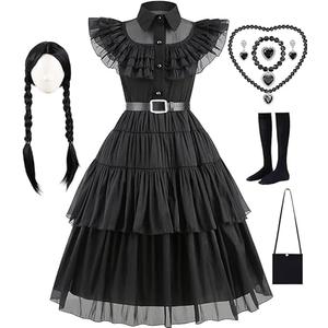 IKALI Girls Role Play Dress-Up Set with Accessories, Black Party Dress Cosplay Outfit for Kids Toddlers, Size: 3-4T
