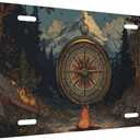 Front License Plate Cover, Nature Mountain Compass Car Decor Accessory Aluminum Metal Rust-Proof US Car Plate Novelty Vanity Tag Cover Decorative with 4 Holes for Men Women 6 * 12 in