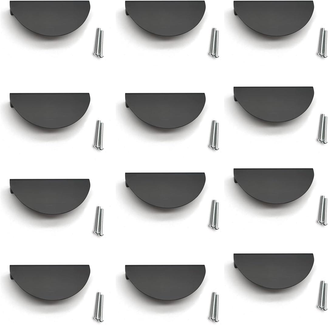 Black Cabinet Pulls,12pcs, Half Moon Pull Handles with Mounting Screws Semicircle Drawer Pull 2.52" Hole Centers Cup Pulls Space Aluminum Back Mount Finger Edge Pull