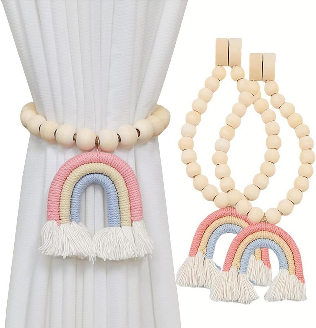2 Pieces Wooden Beaded Curtain Tiebacks, Tassel Curtain Buckles Magnetic Curtain Buckles, Rainbow Tassel Curtain Tiebacks No Punch Decoration (Pink)