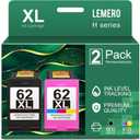 LEMERO Remanufactured 62XL Ink Cartridge Black Replacement for HP Ink 62 Works with HP Envy 5540 5640 5660 7640 7645 OfficeJet 200 250 5740 5746 8040 Series Printers (2-Pack)