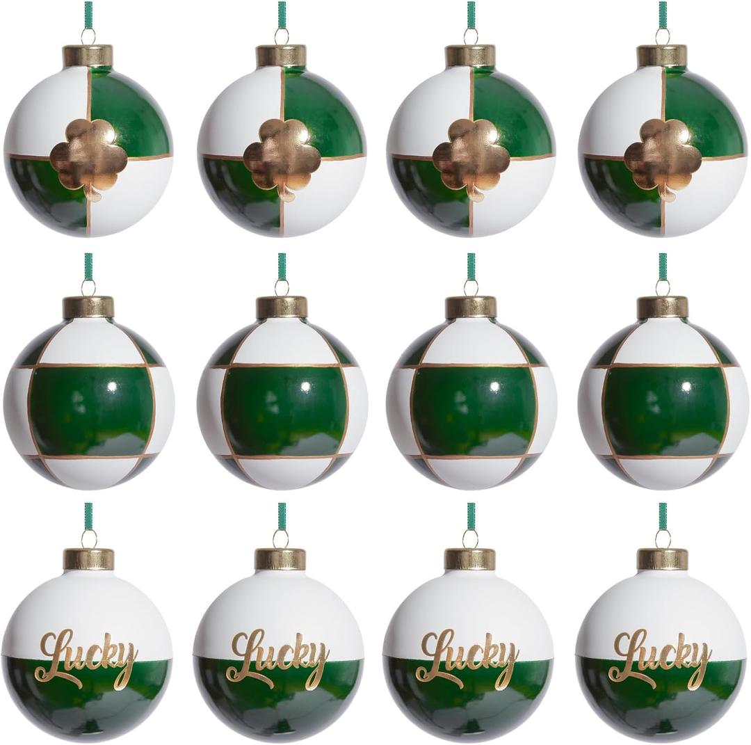 DN DECONATION St. Patrick's Day Ornaments Set of 12, Shamrock Tree Ornaments for Irish Holiday Decorations, White Green Gold Plaid Glass Balls with Lucky Clover for Small Tree Hanging Decor
