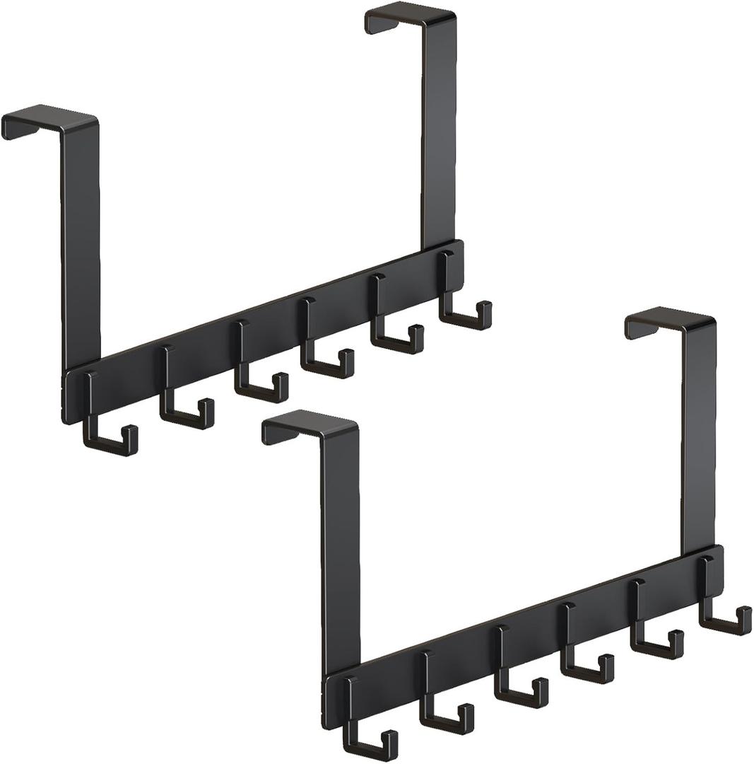 Peasulin 2 Pack Over The Door Hooks, Sturdy Door Hanger, Large Over The Door Towel Rack with 6 Hooks, Heavy Duty Easy to Install, for Bathroom, BedroomKitchenHanging Towels, Coats (Black).