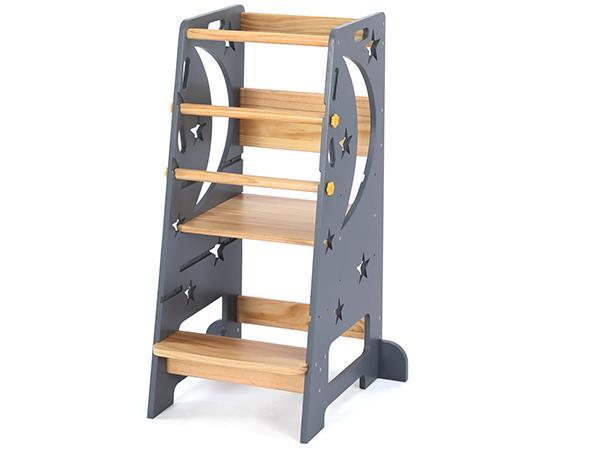 Grey Toddler Standing Tower with 3-Seat & 2-Step Adjustable Heights - Kitchen Helper Stool with 4 Stable Support Feet & Wipeable Panels - Safe Design