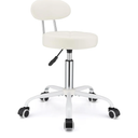 PU Leather Rolling Stool with Back Support Height Adjustable Swivel Stool Chair with Wheels Drafting Chair for Spa Slaon Massage Stable Base Foot White