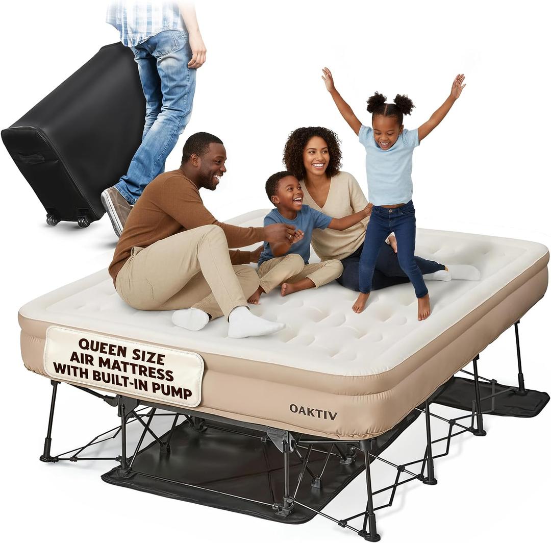 Oaktiv Queen Air Mattress with Frame, Self Inflating/Deflating Bed for Adults - PeakRest Blow Up Bed, Camping Cot with Mattress for Adults - Portable Queen with Travel Rolling Case on Wheels