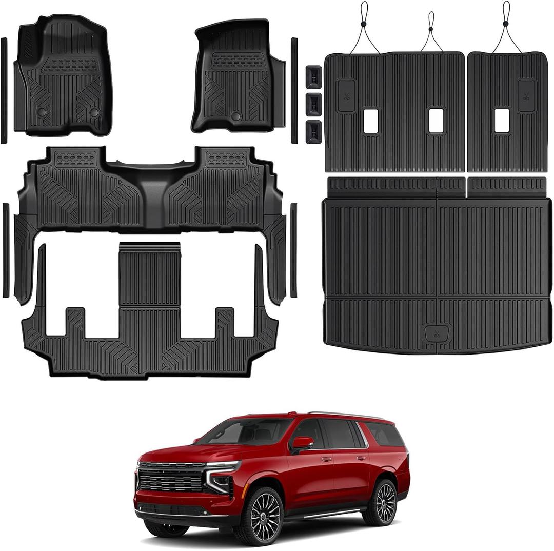 Floor Mats for Chevy Suburban/GMC Yukon XL 2021-2026, All Weather Floor Mats Trunk Cargo Liner with Backrest Protectors and Door Sill Guards Accessories, Full Coverage Set (Fit 7 Seats)