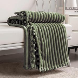 DISSA Fleece Blanket Twin Size 60x80, Olive Green Soft, Plush, Fluffy, Fuzzy, Warm, Cozy Perfect Throw for Couch, Bed, Sofa - with Pompom Fringe - Flannel Blanket Throw Blanket