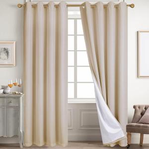 Diraysid 100% Blackout Curtains Beige Linen Curtains for Bedroom Grommet Thermal Insulated Room Darkening Drapes (2 Panels, W52 x L95 Inch)