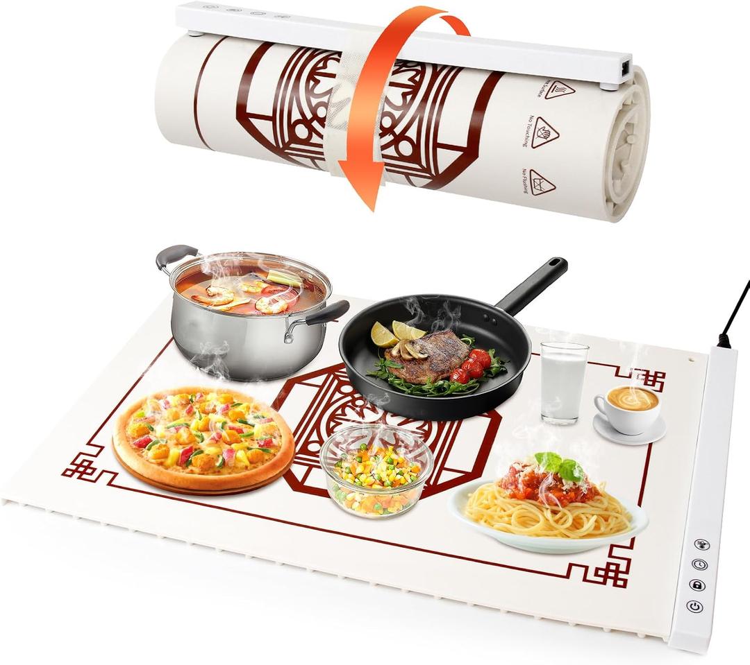 Electric Warming Tray - 5 Temperature and Time Settings, Silicone Food Mat for Parties, Buffets, Travel and Daily Use, Keep Food Warm and Enjoy