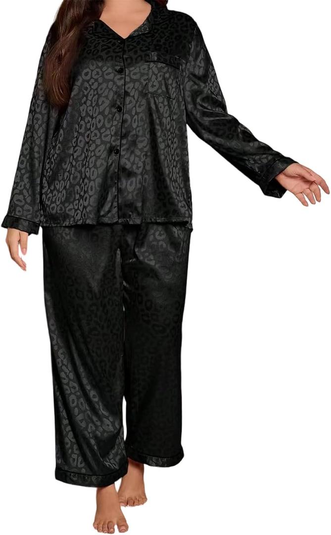MapleHub Womens Silk Satin Pajamas Set Long Sleeve Sleepwear Button Down Pjs Soft 2 Piece Lounge Set (3X-Large, Black Leopard)