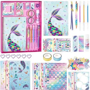 DIY Journal Kit for Girls - 66 Pcs Kids Mermaid Diary Set Girls Stationery Set Scrapbook Diary Journaling Art Crafts Set Mermaid Gift Kit School Supplies Birthday Gift for Girls Ages 8 9 10 11 12 Year Old