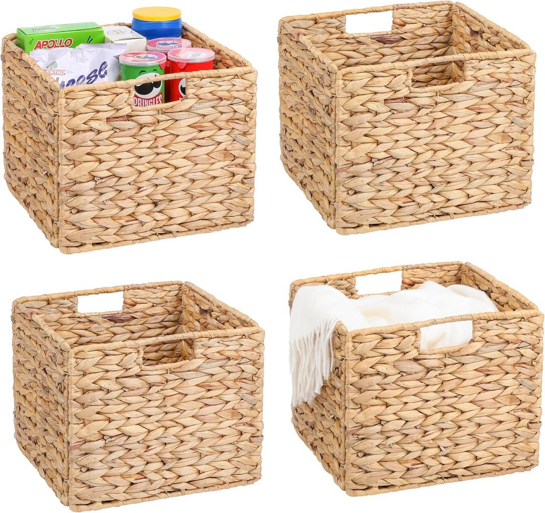 12x12x10 Water Hyacinth Storage Basket Large, Folding Cube Woven Wicker Storage Basket for Shelves, Pantry Baskets Organization and Storage, Large Rattan Basket Set of 4