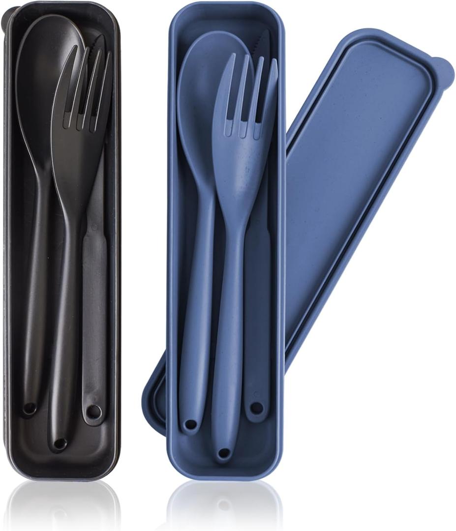Large Reusable Utensil Set with Case, 2 Sets Portable Plastic Spoons Fork Knife Camping Utensils for Lunch Box Accessories for Kids Adults Travel Picnic Camping Daily Use, (Blue, Black)
