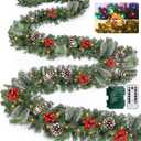 Remote Control&Super Long&8 Modes-18 Ft Prelit Canyon Pine Christmas Garland for Stairs Door Porch Outdoor Indoor Fireplace Mantle,100 Warm White&Colors Switch Lights,Timer,460 Branches Pinecone Berry