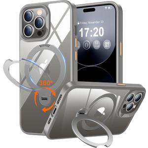 360 Rotatable Magnetic Stand for iPhone 14 pro max Case Compatible with Mag-Safe 16FT Military Drop Protection, Anti-Scratch/Fingerprint Shockproof iPhone 14 pro max Phone Case(Clear-Grey)