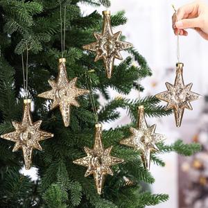Leinuosen 6 Pcs Christmas Glitter Glass Star of Bethlehem 5 x 4 Inch Blown Glass Decorative Hanging Ornaments for Christmas Tree Xmas Party Decorations Holiday(Gold)