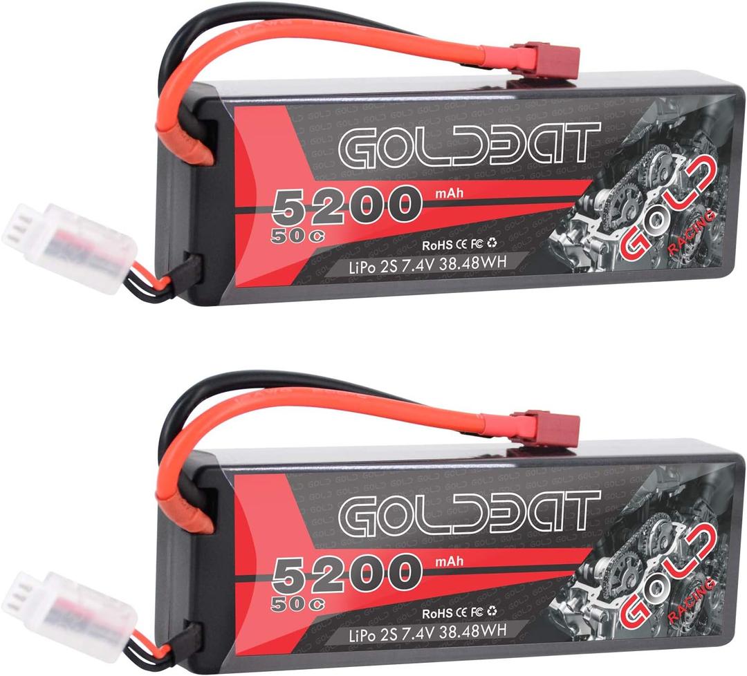 GOLDBAT LiPo Battery 5200mAh 2S 50C 7.4V RC Battery Hard Case with T Plug for RC Evader BX Car Losi Buggy Team Associated Truck Truggy (2 Packs)
