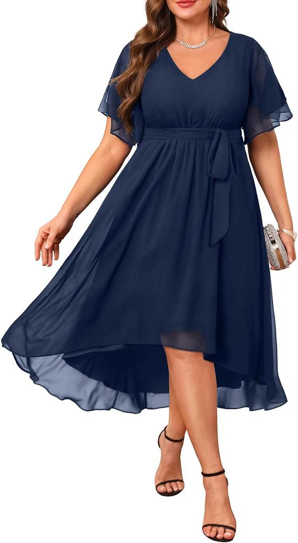 Plus Size Dresses Wedding Guest - Formal Cocktail Chiffon V Neck Short Sleeve High Low Dress Curvy Women Navy Blue, 22 Plus