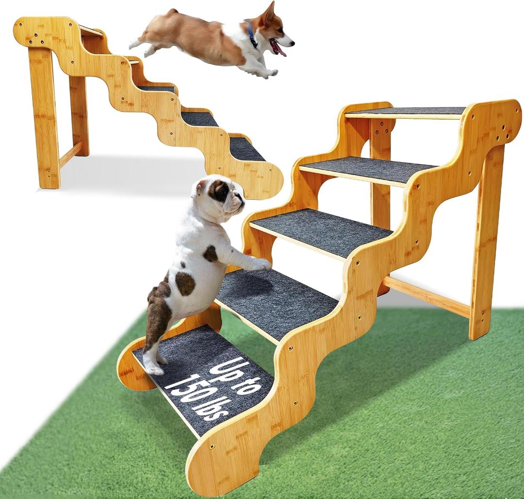 Dog Steps for Bed, 5 Step Dog Stairs, 24 Inches High Dog Stairs for Small Dogs to Get On 30 Inches High Beds/ Car, Made of Bamboo Can Support Large Dogs Weighing Up to 160 LB