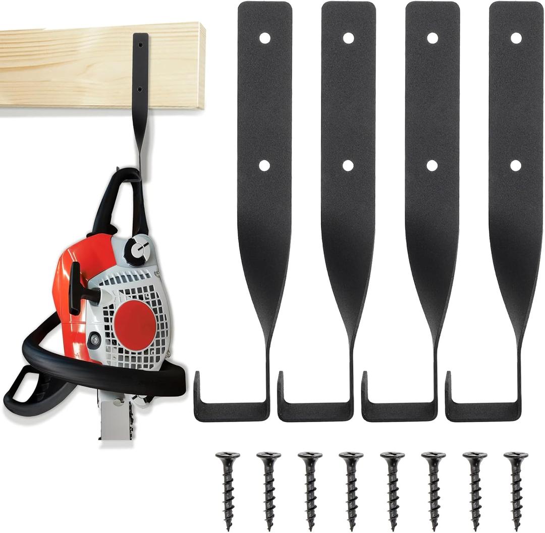 SOUJOY Chainsaw Holder Wall Mount 4 Pack, Heavy Duty Metal Storage Hanger with Screws, Organize Chainsaws, Easy Installation Trimmers and Garage Tools, Workshop and Garage Organization, Black Hooks