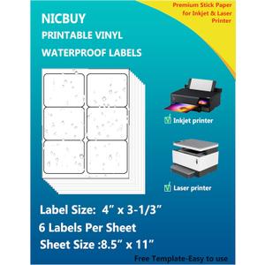 90 Printable White Glossy Waterproof Vinyl Bottle Labels, Inkjet & Laser Compatible, 4 x 3-1/3 Inch