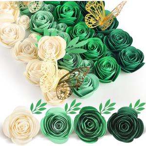 Gilprop 36 Pcs 3D Rolled Artificial Roses Paper Flowers for Crafts Graduation Cap Decoration Wall Decor Mini Crafts DIY Gift for Graduation Wedding Shadow Box Frame Cake Topper(Green)