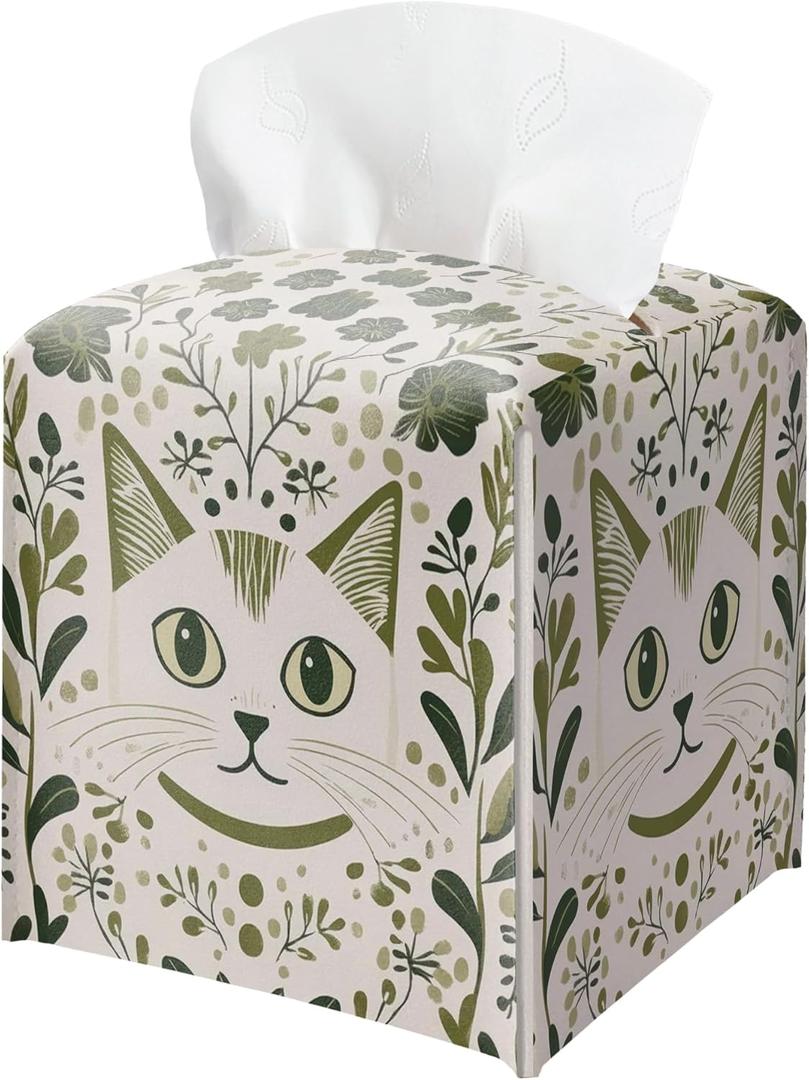 Cat Tissue Box Holder, Sage Green Floral Leather Tissue Box Cover Square, Paper Napkins Everyday Dispenser Accessories for Bathroom Vanity Countertop Night Stands Kitchen Office Home Decor