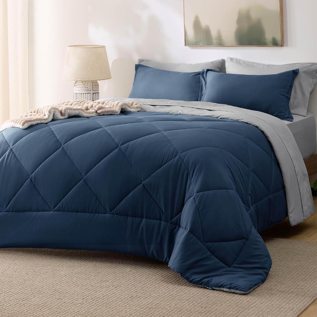 Bedsure King Size Comforter Set - 7 Pieces Reversible Navy Bedding, King Size Bed Set for All Seasons, Bed in a Bag with Down Alternative Comforter, Sheets, Pillowcases & Shams (King, 03 - Navy)