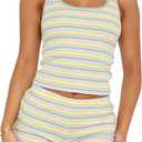 Women Striped Pajamas Set Sexy Sleeveless Crop Vest Elastic Shorts Casual Sleepwear (L)
