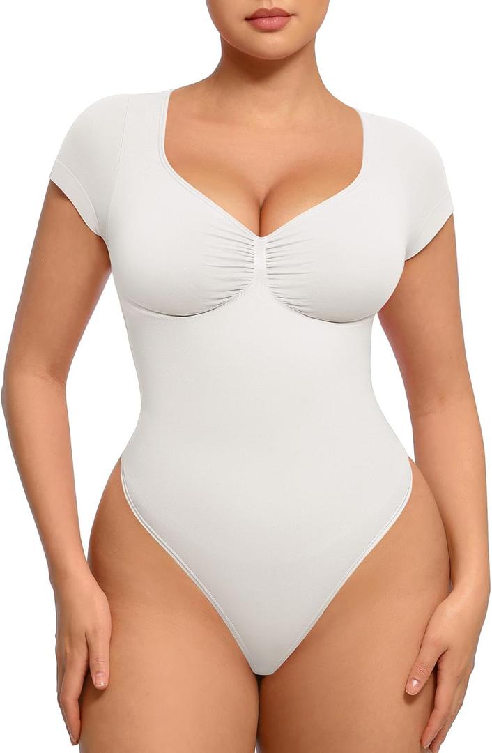 FeelinGirl Short Sleeve Bodysuit for Women V Neck Tummy Control Shapewear Seamless Thong Body Suits Tops (X-Large, Creamy White)