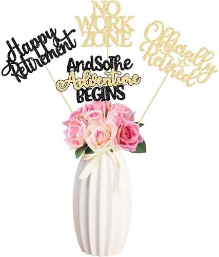 Gyufise 12Pcs Happy Retirement Centerpiece Sticks Officially Retired Table Flower Centerpieces Sticks No Work Zone Floral Decorations for Farewell Birthday Party Centerpieces Supplies Black Gold