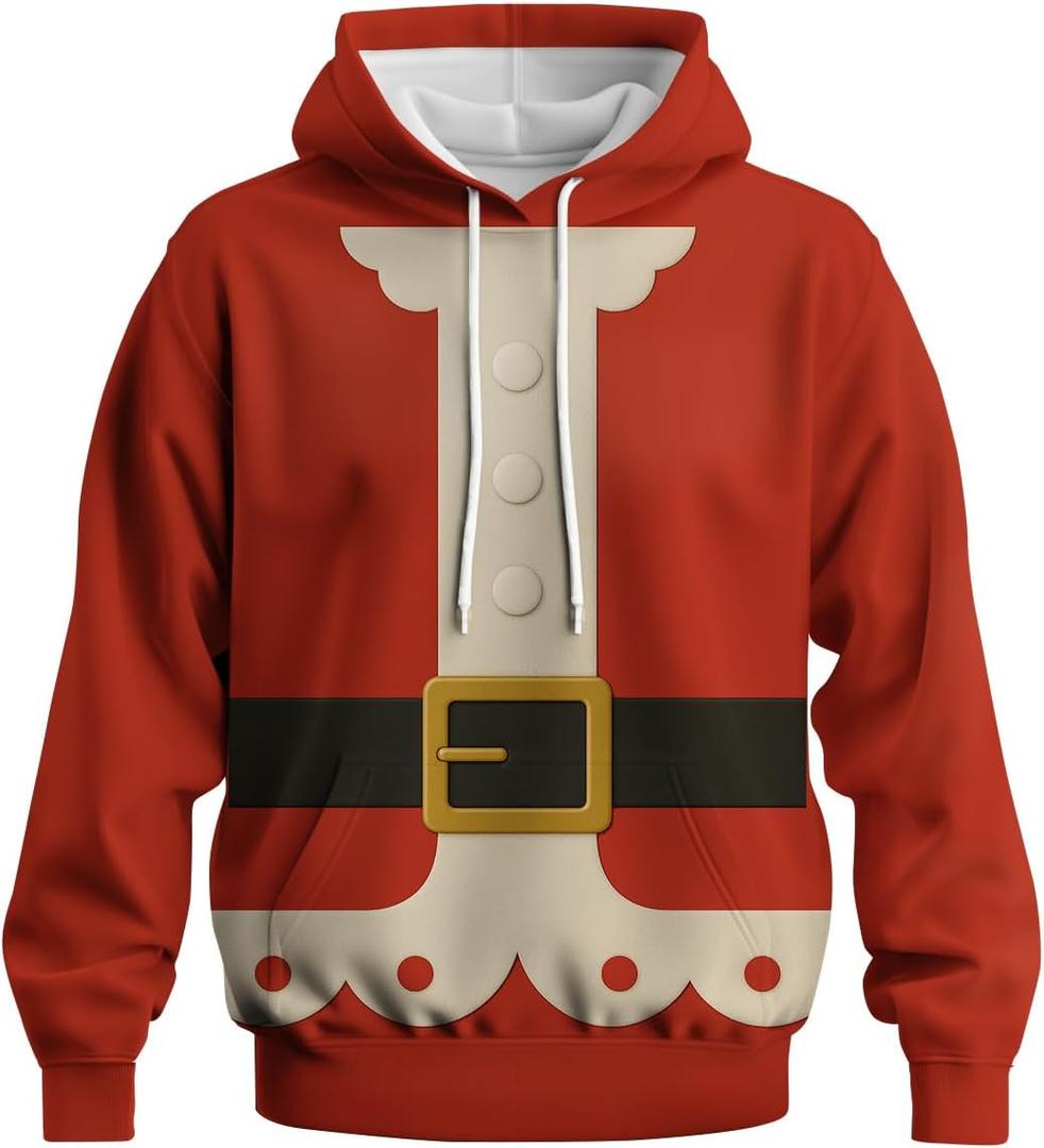 Novelty Long Sleeve Hoodie Funny Fashion Santa Claus Costume Graphic Sweatshirts (Large, Red)