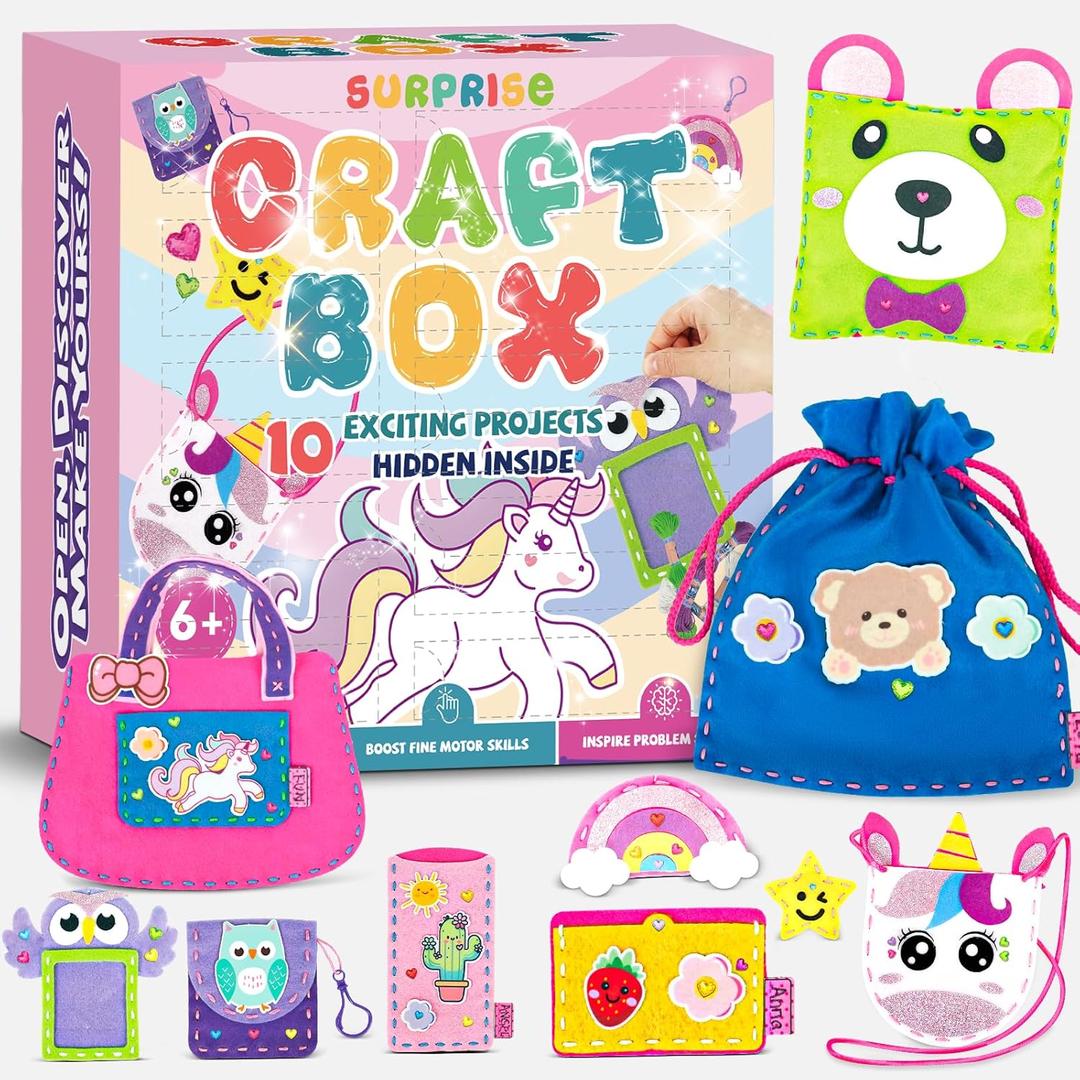 Sewing Kit for Kids Beginner, 10 Easy DIY Projects of Stuffed Animal Dolls & Purse Handbags, Learn to Sew with Felt Embroidery Craft, Arts & Crafts Gift for Girls & Boys Ages 6-12