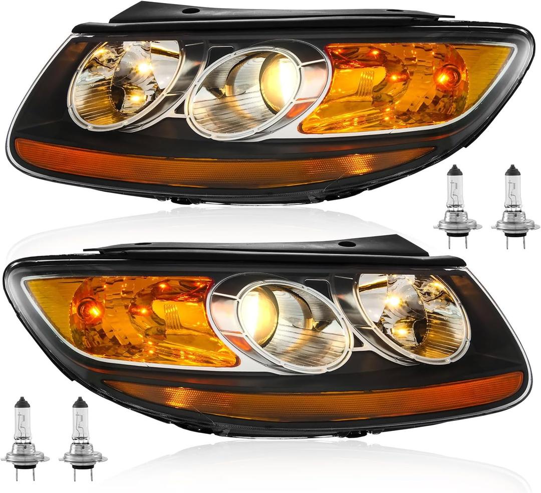 TODO Headlights Assembly Pair For 2007 2008 2009 2010 2011 2012 Hyundai Santa Fe 6 Pin Headlamp Replacement with Bulbs, Passenger and Driver Side