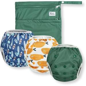 Nora's Nursery Reusable Swim Diapers and Wet Bag - One Size Fully Adjustable - Harbor Hues Unisex 3 Pack with Wet Bag