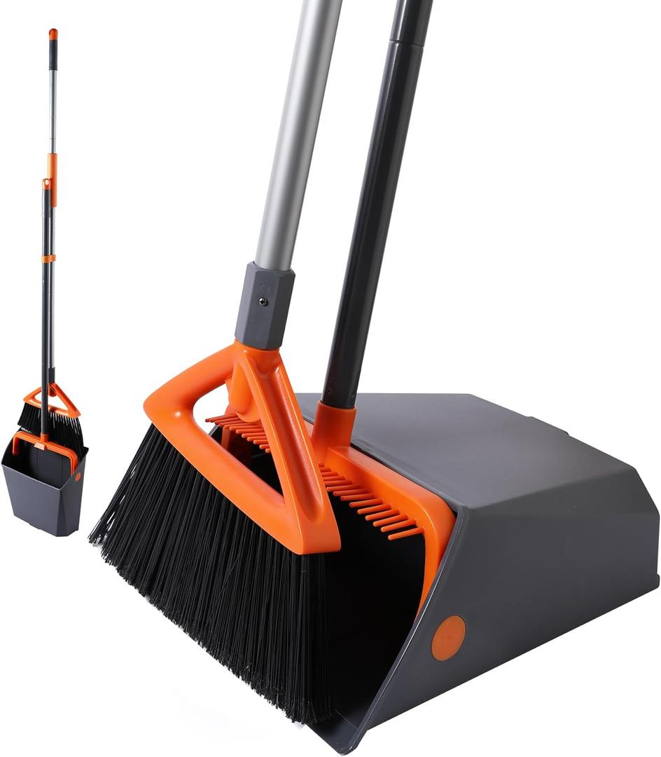 CLEANHOME Heavy Duty Outdoor Broom and Dustpan Set with Long Handle, Standing Dustpan & Split-End Bristles for Patio, Garage, Deck, Leaves Debris Cleaning (Gray)
