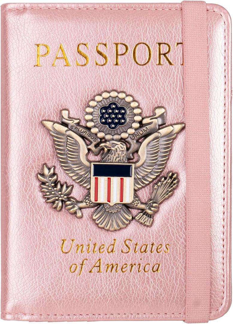 TOURSUIT RFID Blocking Passport Holder for Women Men, Leather Passport Travel Wallet with Metal 3D Metal Badge, Travel Document Holder Cover Accessories (Rose Gold)