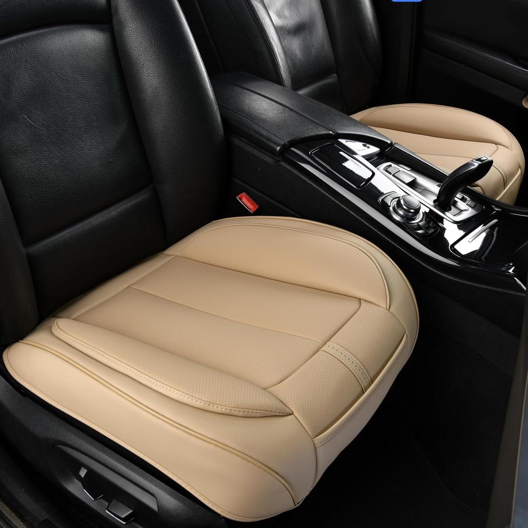 2 Pack Leather Front Car Seat Cover Bottom Only, Anti-Slip Padded Seat Cushion, Full Wrap Seat Protector with Storage Function Universal Fit for Most Cars, SUV, Pick-up Trucks (Beige)
