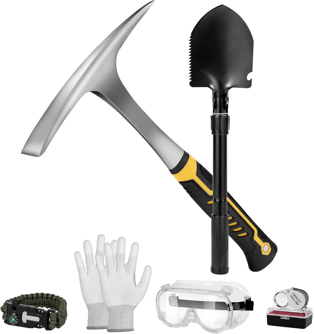 26oz Geologist Rock Pick Tool kits-12" Folding Multi Tool Shovel-Survival Bracelet-Safety Glasses-Jewelers Loupe-Gloves for Hounding Gold Mining Prospecting Stone Breaking Pry Rocks Loosen Soil