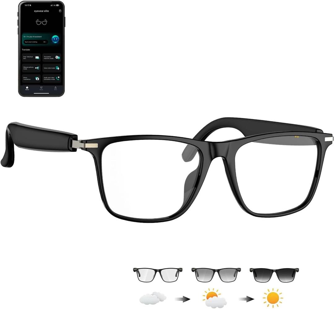 Ai Translation Smart Glasses with ChatGPT,Bluetooth Glasses with 164+ Language Translation,Translator Glasses Physical Color-Change Lenses,Multifunctional Audio Eyewear for Women Men (M01)