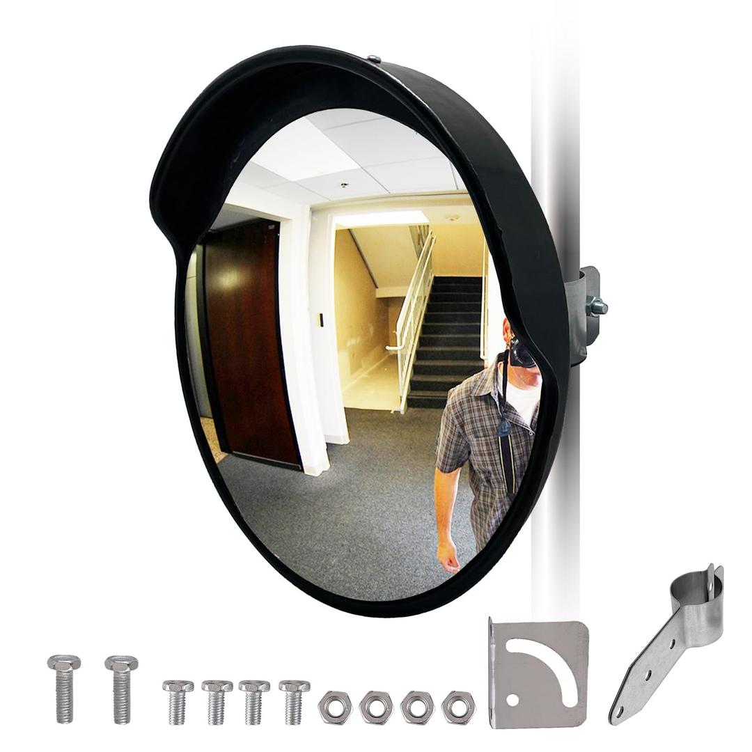 Convex Mirror - 12" Safety Mirrors for Garage, Warehouse, Pole-Mount Large Security Mirror for Driveway with Flexible PC Lens (12 Inch, Black)